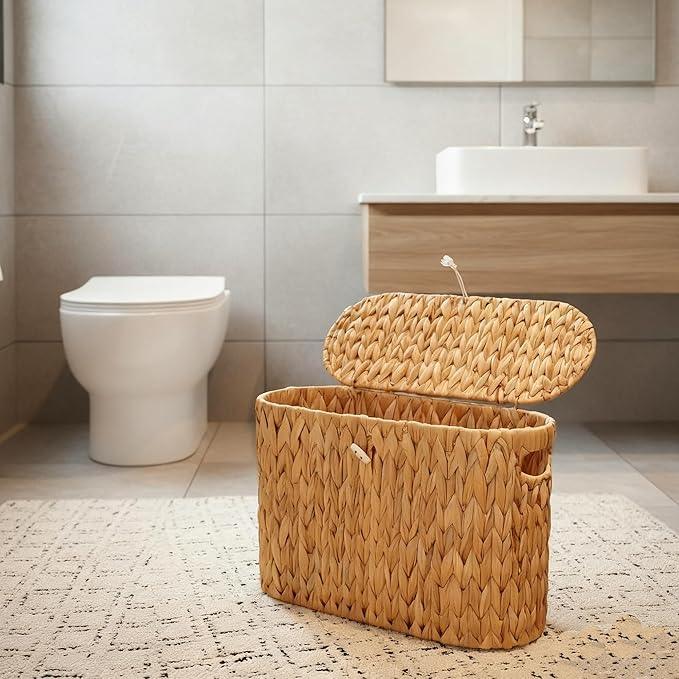 PINXIURY Water Hyacinth Toilet Paper Storage Basket, Bathroom Toilet Organizer with Lid, Woven Toilet Paper Holder for 6 Mega Rolls Bathroom Storage, Magazine Holder for Office, Bedroom - ModernBath