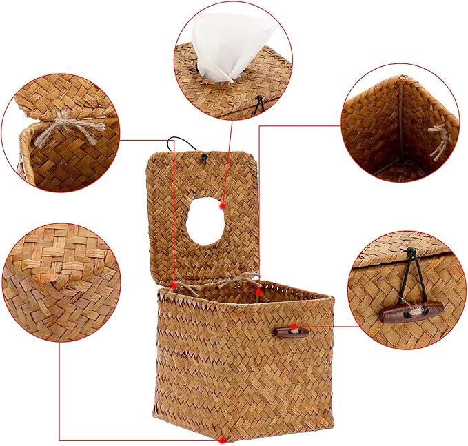 Sumnacon Tissue Box Cover Square Seagrass Tissue Box with Lid, Woven Tissue Box Holder Rustic Cube Tissue Cover for Bathroom Toilet Bedroom Living Room Kitchen Table Desk Office Car, Caramel - ModernBath