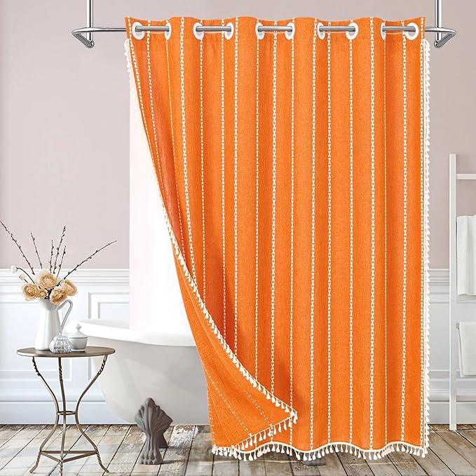 MitoVilla No Hooks Required Orange Boho Shower Curtain with Snap-in Liner, Farmhouse Cotton Linen Fabric Shower Curtains with Tassels for Rustic Neutral Bathroom Decor, Burnt Orange, 72 x 74 - ModernBath