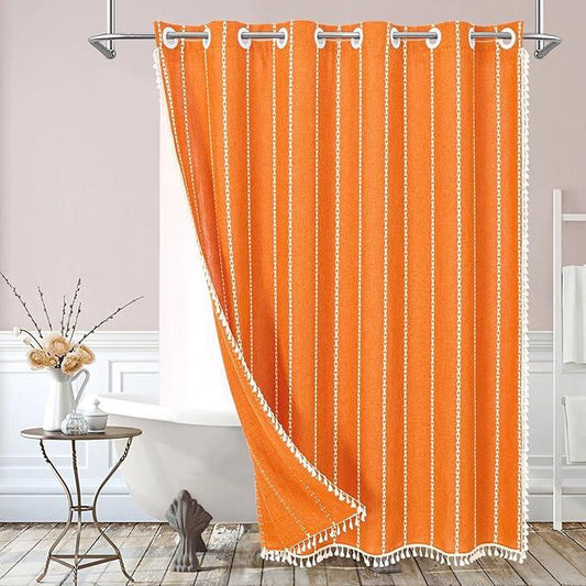 MitoVilla No Hooks Required Orange Boho Shower Curtain with Snap-in Liner, Farmhouse Cotton Linen Fabric Shower Curtains with Tassels for Rustic Neutral Bathroom Decor, Burnt Orange, 72 x 74 - ModernBath