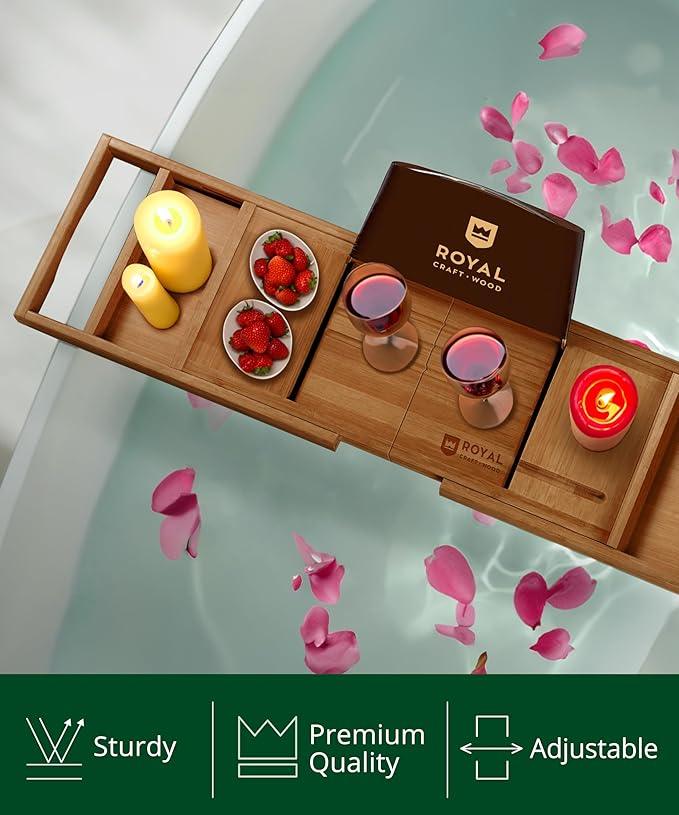 ROYAL CRAFT WOOD Premium Foldable Bathtub Tray - Wood Bath Tray for Tub, Bamboo Shelf, Expandable Bath Table Trays, Bathtub & Bathroom Accessories for New Home Gifts for Mom - ModernBath
