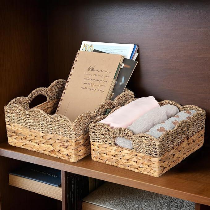 Scalloped Baskets (Natural-Set of 2) Wicker Basket For Decor, Basket Living Room Organizer, Bathroom, Bedroom, Laundry,... Water Hyacinth Mix Seagrass Storage Baskets with Built-in Handles. - ModernBath