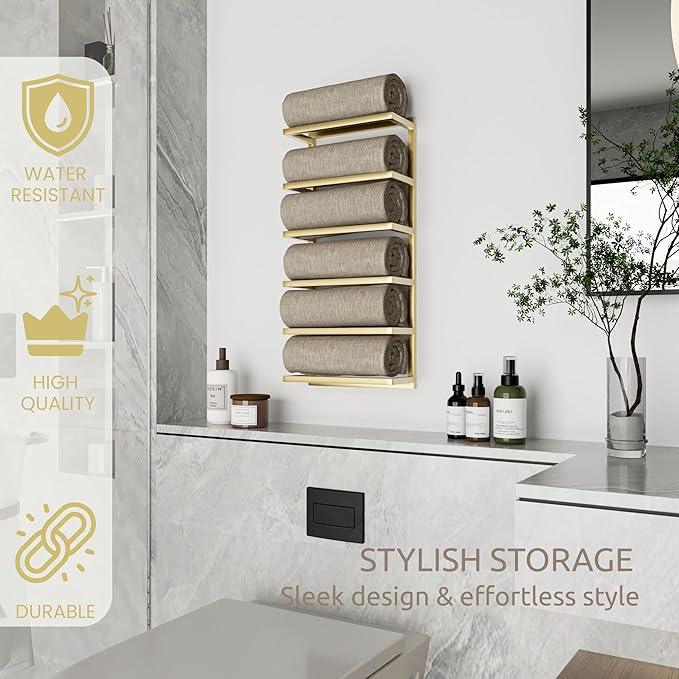 Modern Tiered Towel Rack - Wall-Mounted Metal Towel Shelf for Bathroom, Space-Saving Storage for Towels, Organizers, and Home Decor (Gold, 6-Tier) - ModernBath