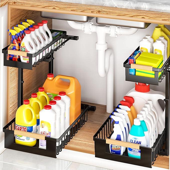 Under Sink Organizer 2-Pack Pull out Cabinet Organizer 2 Tier Metal Shelf Undersink Rack for Kitchen Bathroom Pantry Cabinet Organization and Storage, Black - ModernBath
