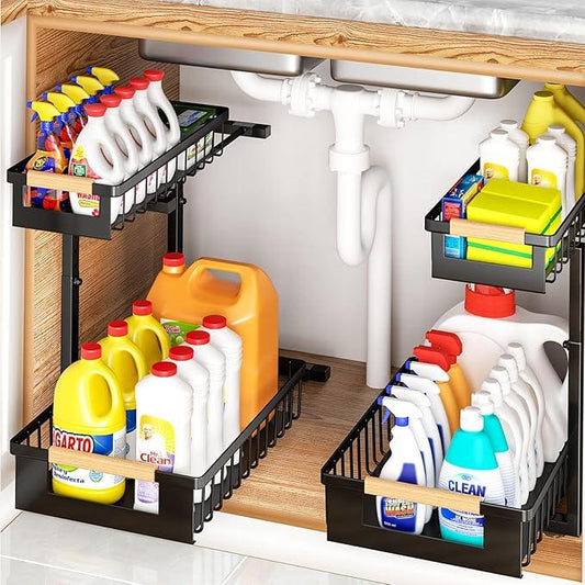 Under Sink Organizer 2-Pack Pull out Cabinet Organizer 2 Tier Metal Shelf Undersink Rack for Kitchen Bathroom Pantry Cabinet Organization and Storage, Black - ModernBath