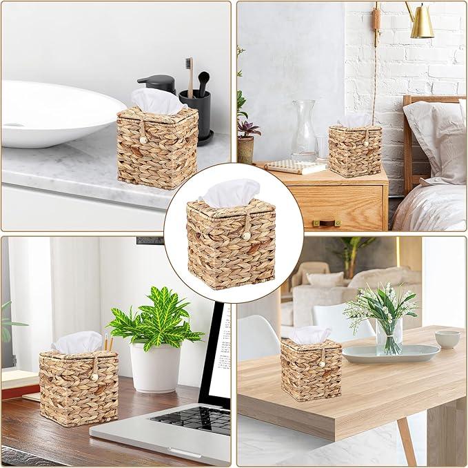 Sumnacon Tissue Box Cover Square Tissue Box with Lid, Wicker Tissue Cover for Home Office Table (Water Hyacinth, Natural) - ModernBath