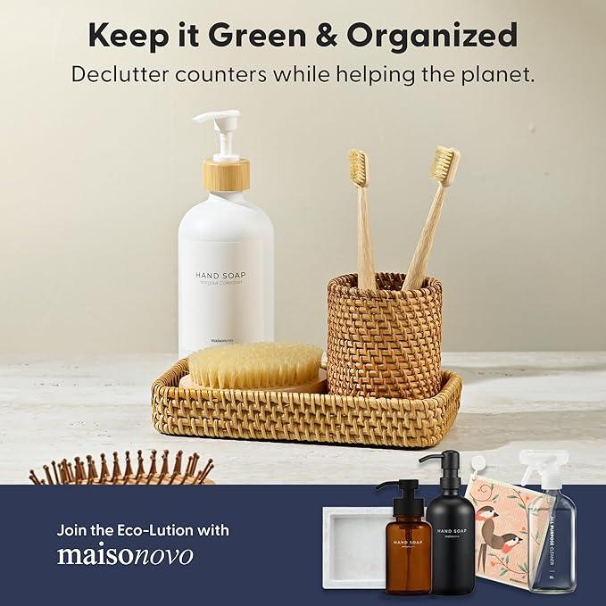 MaisoNovo Rattan Bathroom Set - White Countertop Dispenser, Toothbrush Holder & Toothpaste Cup with Tray - Set of 3 - Rattan Bathroom Vanity Trays Rectangle for Storage - ModernBath