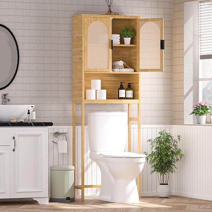 MUPATER 67''H Bamboo Over The Toilet Storage Cabinet, Bathroom Organizer Over Toilet with Rattan Doors, Freestanding Bathroom Storage Shelf Space-Saver, Natural - ModernBath