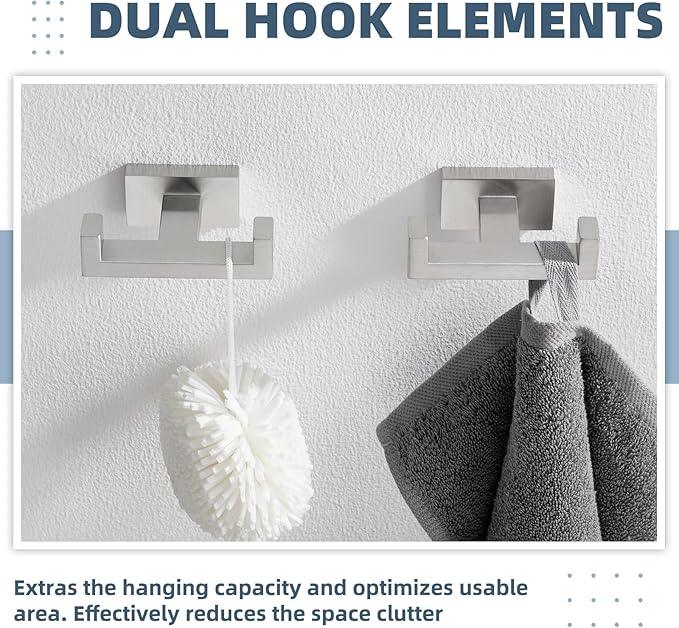 APLusee Double Bath Towel Hook 2 Pack, 304 Stainless Steel Square Dual Coat Holder, Modern Bathroom Kitchen Storage Hanger Wall Mounted, Brushed Nickel - ModernBath