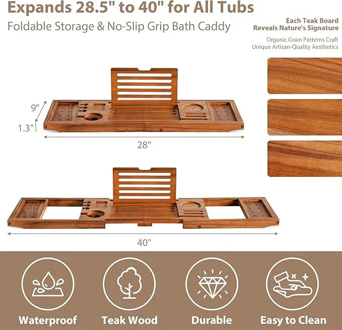 Realgulf Teak Bathtub Tray | Adjustable Width Tray with Wine Holder, Tablet/Phone & Book Stand, Splash-Proof for Bath Time- Natural - ModernBath