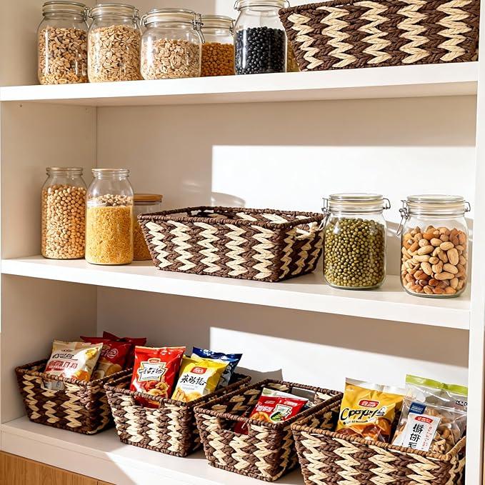 Paper Rope Storage Baskets for Shelves Organizing, Small Hand Woven Wicker Organizer Basket with Handle for Bathroom Toilet Paper Storage, Beige and Brown, 3-Pack - ModernBath