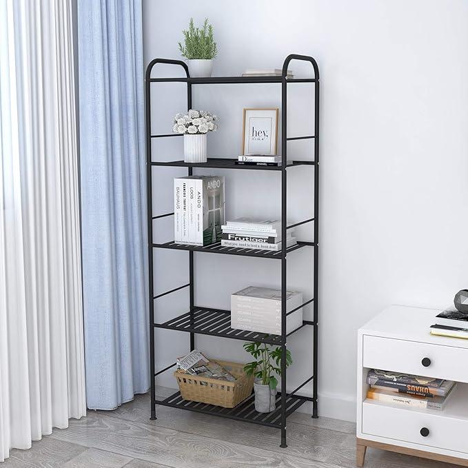 JSB 5-Tier Adjustable Shelving Unit, Heavy Duty Storage Rack Organizer Metal Corner Shelf for Kitchen Living Room Laundry Pantry Bathroom (Black, 5 Tier)… - ModernBath