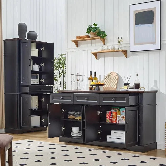 63" Black Buffet Sideboard Cabinet with 4 Doors and 3 Drawers, Modern Farmhouse Kitchen Storage Cabinet, Coffee Bar Cabinet with Adjustable Shelves, Kitchen Living Room Storage, Dining Room - ModernBath