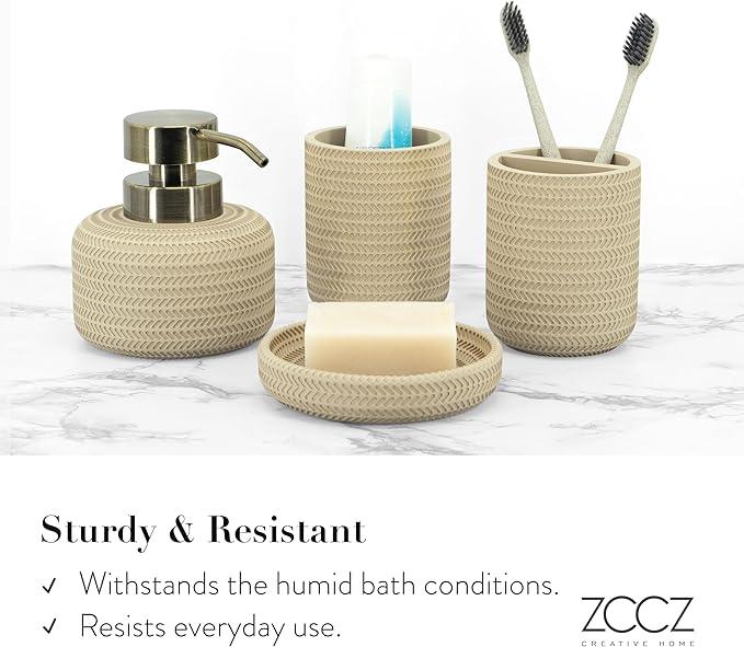 ZCCZ Beige Bathroom Accessories Set 4 Pcs - Toothbrush Holder, Soap Dispenser, Vanity Tray, Tumbler - Countertop Organizer for Bathroom Decor - Stylish and Functional Accessory Set for Home - ModernBath