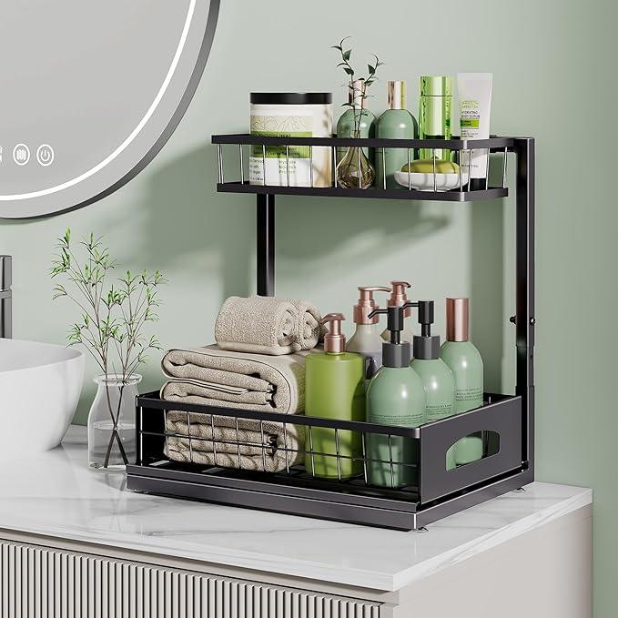 Under Sink Organizer , 2 Pack Height Adjustable Cabinet Organizer with Slide Out Drawer, Pull Out Under Sink Storage, Multi-Purpose 2 Tier Sink Shelves for Kitchen Bathroom Pantry (Black, 2 Pack) - ModernBath