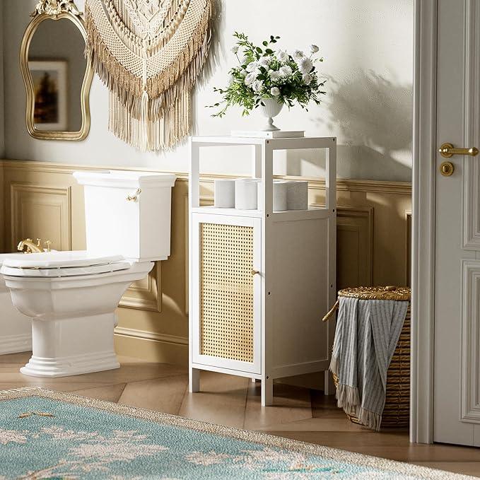 HITNET Bamboo Cabinet, Bathroom Storage Cabinet with Rattan Doors, Narrow Side Storage Organizer Freestanding Floor Cupboard for Small Space, White - ModernBath
