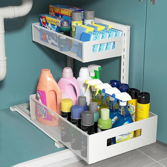 Pull-out Under Kitchen Sink Organizer, Metal Functional Under Sink Organizer, Height Adjustable Under Bathroom Sink Organizer, Under Sink Storage for Kitchen Bathroom Cabinet (White) - ModernBath