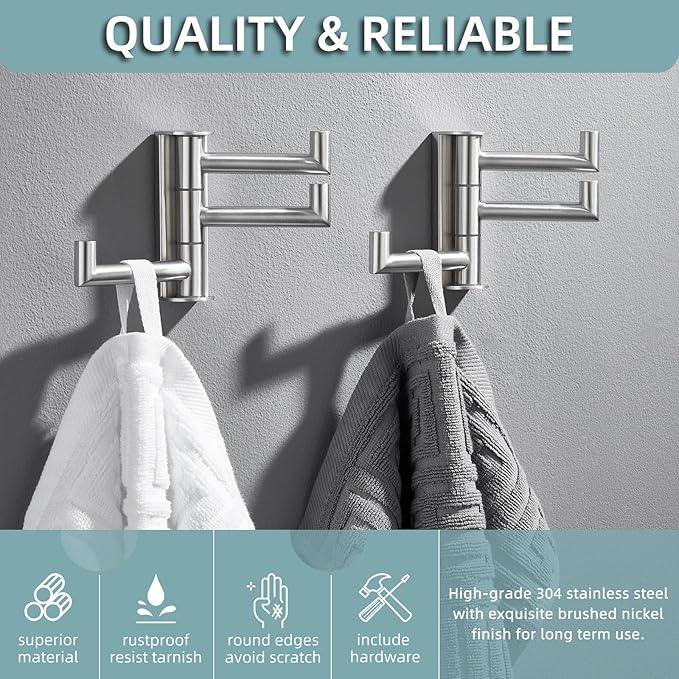 Angle Simple Swivel Towel Hooks, SUS 304 Stainless Steel Foldable Robe Hand Towel Holder for Bathroom Kitchen Wall, Brushed Nickel, 2 Pack - ModernBath