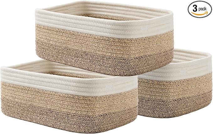 Small Woven Basket, 13.5 x 9.5 x 5 Inches, Storage Basket for Organizing, Cute Small Rope Shelf Closet Cube Storage Bins Baskets for Shelves, Dog Toy Gift Baskets Empty, 3 Pack Gradient Brown - ModernBath