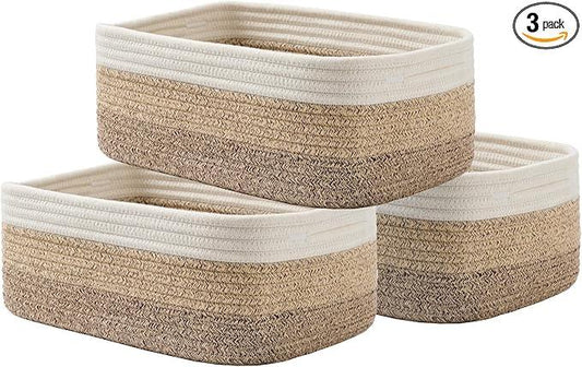 Small Woven Basket, 13.5 x 9.5 x 5 Inches, Storage Basket for Organizing, Cute Small Rope Shelf Closet Cube Storage Bins Baskets for Shelves, Dog Toy Gift Baskets Empty, 3 Pack Gradient Brown - ModernBath