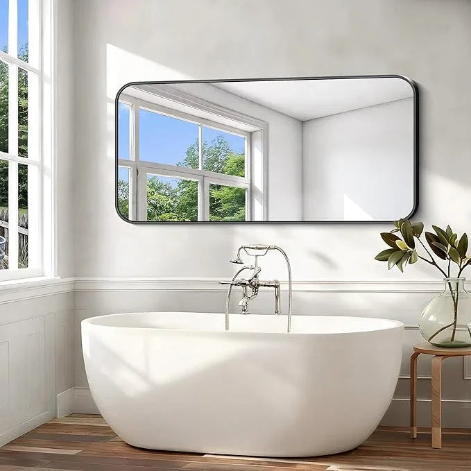 CIVENO Black Bathroom Mirror, 66x30 inch Aluminum Metal Frame Rectangular Vanity Mirror, Large Wall Mounted Rectangle Mirrors with Rounded Corner for Over Sink Bedroom Living Room Horizontal/Vertical - ModernBath
