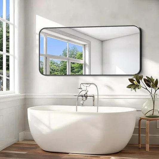 CIVENO Black Bathroom Mirror, 66x30 inch Aluminum Metal Frame Rectangular Vanity Mirror, Large Wall Mounted Rectangle Mirrors with Rounded Corner for Over Sink Bedroom Living Room Horizontal/Vertical - ModernBath