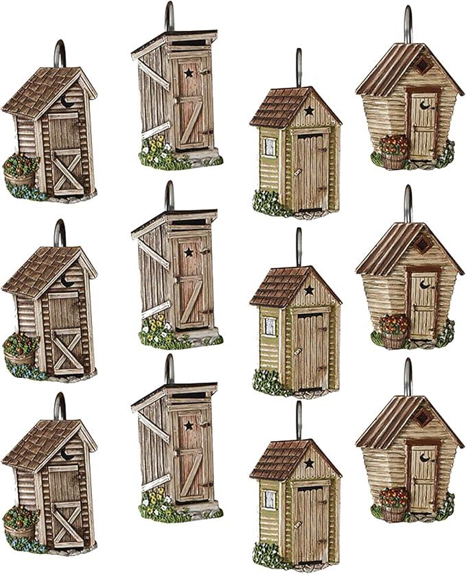 Park Designs Outhouse Shower Curtain Hooks | Decorative Rustic Bathroom Curtain Hook Set of 12 | Hand-Painted Resin with Vintage Country Charm | Farmhouse Bath Accessory for Themed Décor | Durable & - ModernBath