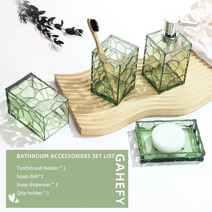 GAHEFY Green Bathroom Accessories Set with Toothbrush Holder, Soap Dispenser, Tumbler, Soap Dish, Sage Green Bathroom Decor, Acrylic (Green-4pcs) - ModernBath