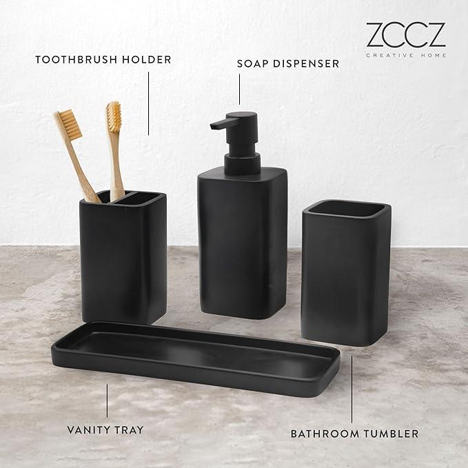 ZCCZ Beige Bathroom Accessory Sets, 4 Pieces Bathroom Accessories Complete Set Vanity Countertop Accessory Set, Includes Lotion Dispenser Soap Pump, Tumbler, Toothbrush Holder and Tray - ModernBath