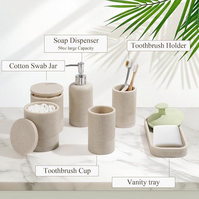 LIN CHUAN 6-Piece Bathroom Accessories Set, Bathroom Accessory Set with Soap Dispenser, Toothbrush Holder Set, Vanity Tray, Tumbler & 2 Cotton Swab Jars, Modern Stylish Bathroom Organizer(Beige) - ModernBath