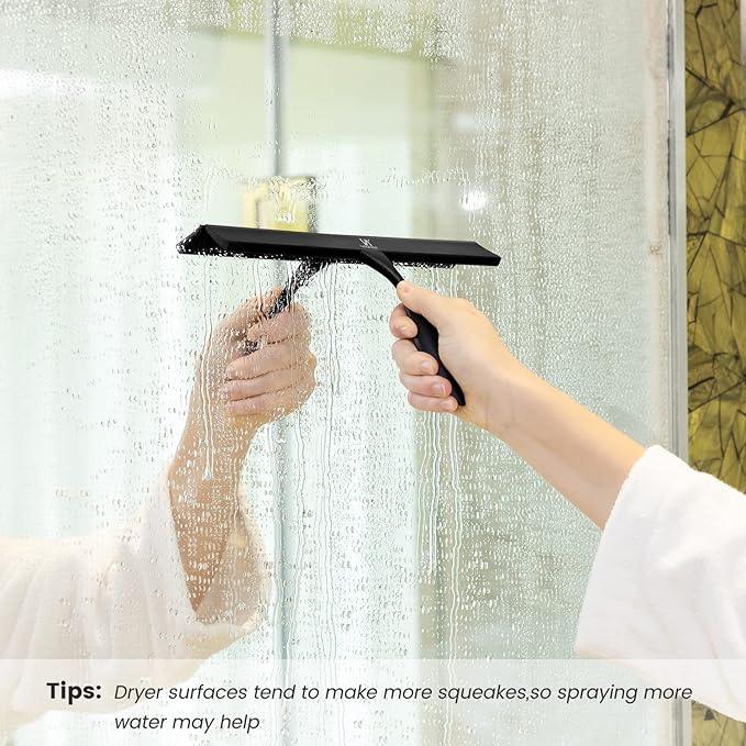 Shower Squeegee for Glass Doors, 11-Inch Silicone Squeegee with Non-Slip Handle and Adhesive Hook for Bathroom, Mirror, Tile, Car Window (Black) - ModernBath