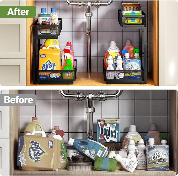 Under Sink Organizer 2-Pack, Metal 2-Tier Pull-Out Cabinet Shelf with Slide-Out Mesh Drawers, Height Adjustable, Space-Saving Under Sink Storage Racks for Kitchen, Bathroom, Laundry Room - ModernBath