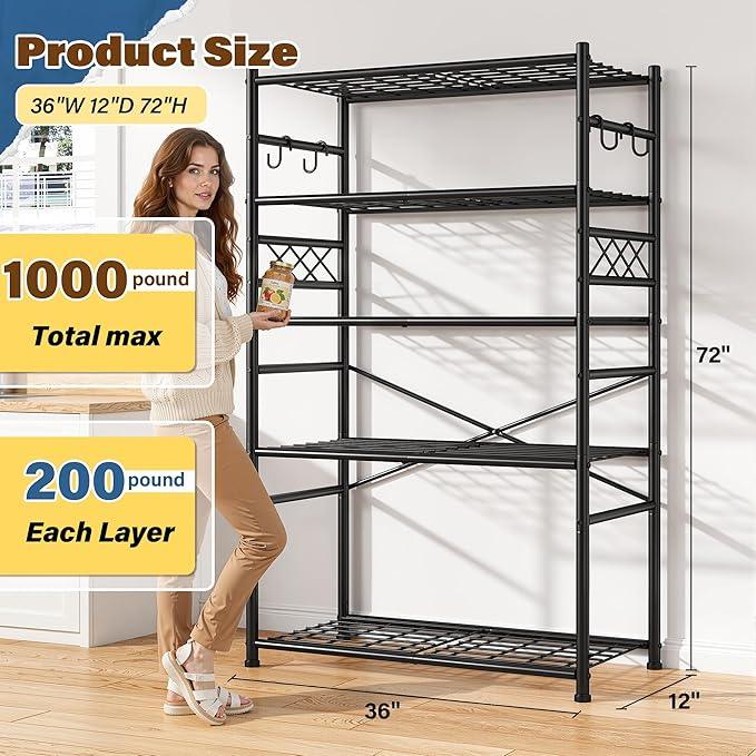 Storage Shelves 5-Tier Large Capacity Wire Shelving with Hooks, Heavy Duty Garage Shelving Unit with Leveling Feet, Stable Metal Shelf for Pantry, Kitchen and Closet, 72" H x 36" W x 12" D, Black - ModernBath