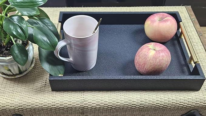 Set of 2 Wood Serving Tray with Gold Polished Metal Handles, Home Decorative Wooden Rectangle Ottoman Leather Decor Platter Bathroom Vanity Tray for All Occasions (Black) - ModernBath