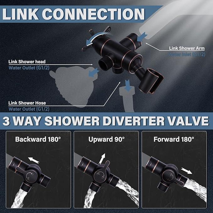Shower Arm Diverter with Handshower Mount, G1/2 Brass 3 Way Diverter Valve Bathroom Universal Shower System Replacement for Handheld Shower and Fixed Shower Head, Oil Rubbed Bronze - ModernBath
