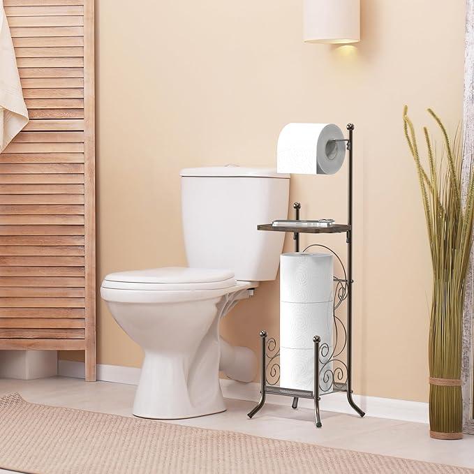 Simple Houseware English Style Bathroom Toilet Tissue Roll Holder Stand with Shelf, Bronze - ModernBath