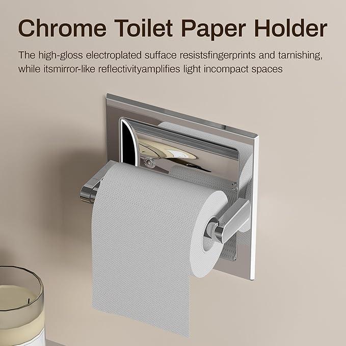 Recessed Toilet Paper Holder Polished Chrome, Pivoting Toilet Tissue Holder in Wall Made of SUS304 Stainless Steel, Space Saving Inset Tissue Roll Holder Wall Mount with Bracket - ModernBath