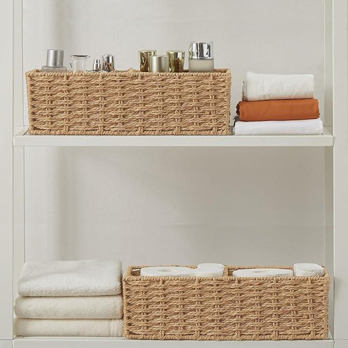Vagusicc Set of 2 Wicker Storage Basket for for Shelves, Baskets for Organizing, Toilet Paper Basket for Toilet Tank Top, 2-Section, Natural - ModernBath