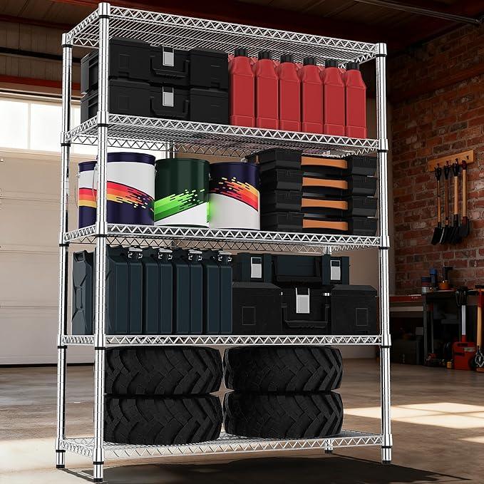 5 Tiers Shelf Metal Storage Shelves 3300 lbs Steel Storage Shelving Utility Shelving Unit Steel Organizer Wire Rack for Home,Kitchen,Office,Garage Chrome 17.7" D x 47.2" W x 70.3" H - ModernBath