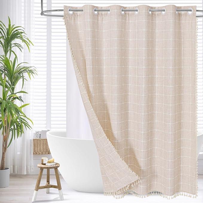 MitoVilla No Hooks Needed Boho Farmhouse Shower Curtain with Snap-in Liner, Cotton Linen Fabric Shower Curtains with Tassels for Rustic Neutral Bathroom Decor, Beige/Cream, 72 x 74 - ModernBath