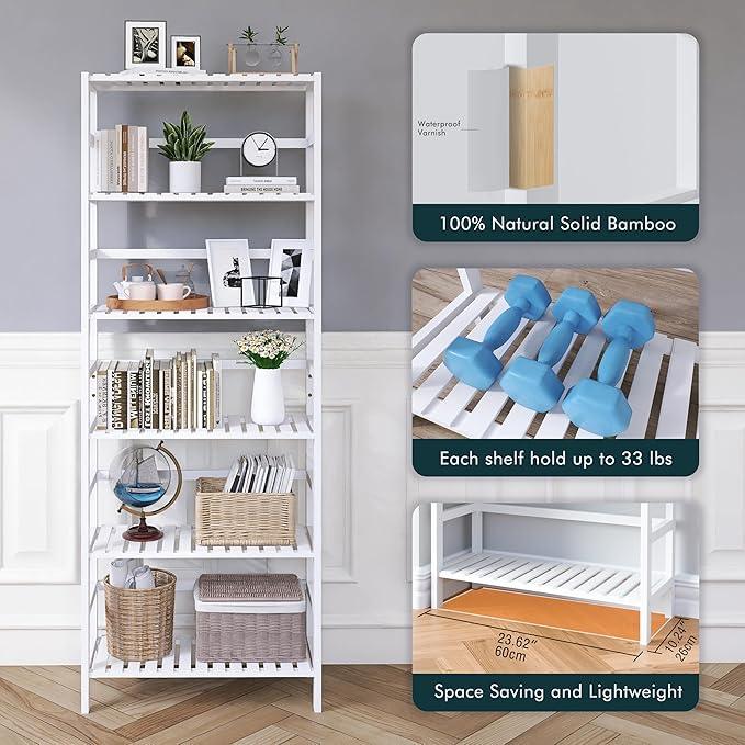 HITNET Bookshelf, 6-Tier Tall Bookcase Freestanding Bamboo Book Shelf Bathroom Storage Organizer with Adjustable Shelves, White - ModernBath