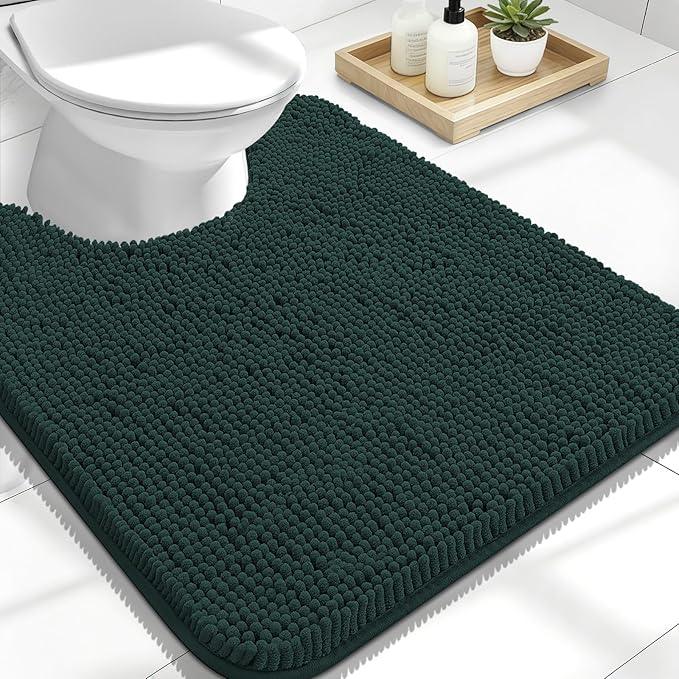 OLANLY Toilet Rugs U-Shaped 24x20, Extra Soft Absorbent Chenille Contour Bathroom Rugs for Toilet, Dry Quickly, Machine Washable, Non-Slip Bath Mat, Blackish Green - ModernBath