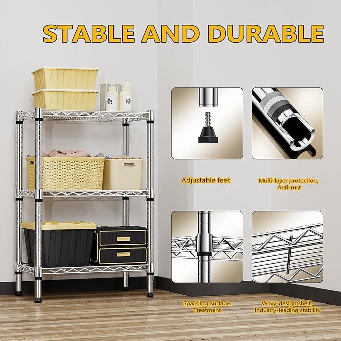 750 lbs 3 Tier Shelf Metal Storage Shelves Shelving Wire Rack Heavy Duty Closet Organizers for Garage Kitchen Bathroom Laundry Chrome 13.8" D x 23.6" W x 35.5" H - ModernBath