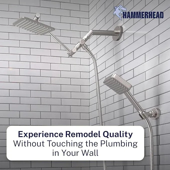 HammerHead® Solid Metal Dual Shower Head Combo — 8" Square Rain Shower Head with Handheld, 12" Adjustable Arm & Wall-Mount Holder for Flexible Installation — Brushed Nickel - ModernBath
