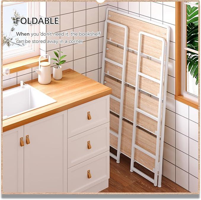 4NM No Assembly Extra Wide 4 Tiers Folding Bookshelf Storage Shelves Vintage Bookcase Standing Racks Study Organizer Home Office (Natural White) - ModernBath