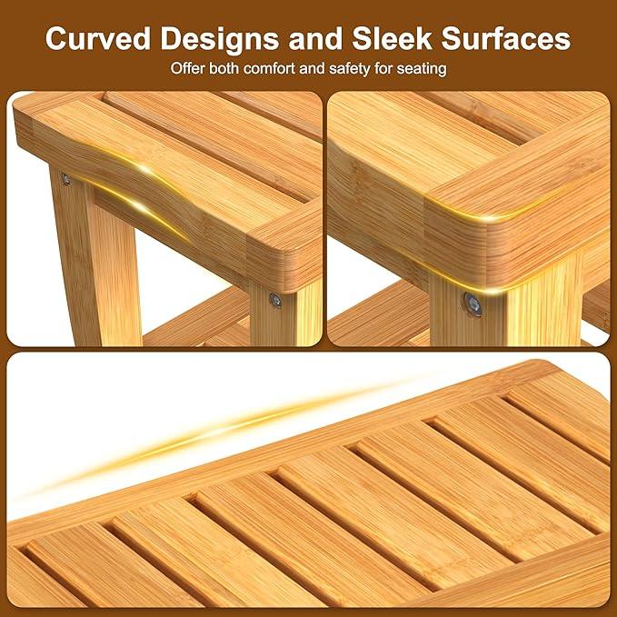 Bamboo Shower Bench Stool with Storage Shelf Waterproof Shower Chair Spa Bath Seat First Apartment Essentials New Home Must Haves Things Stuff Accessories House Warming Hostess Host - ModernBath