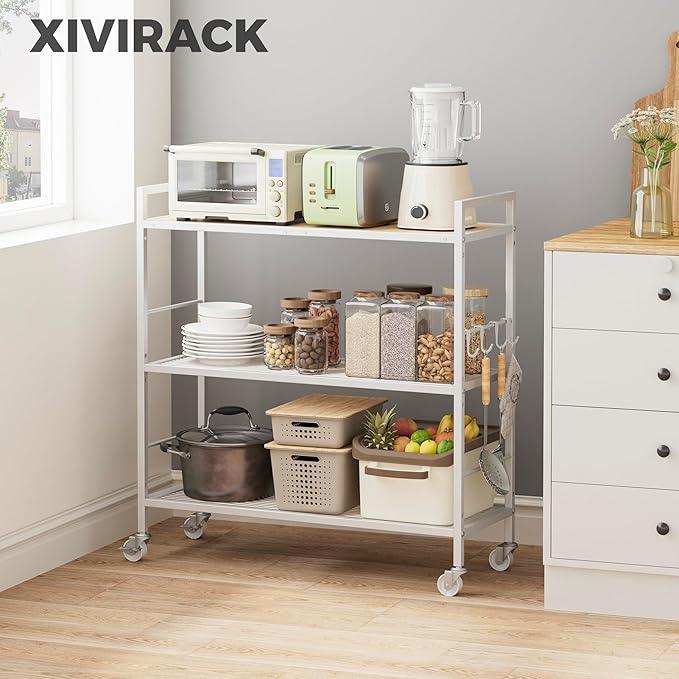 3-Tier Metal Storage Rack with Industrial Wheels,Mesh Shelving Unit with Wooden Table top,Adjustable Shelf,31.5-Inch Width, for Kitchen, Laundry,Pantry,Plant,Oak panel and white frame - ModernBath