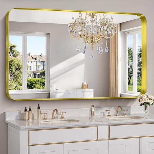 FORBATH 60x36 Inch Large Bathroom Mirror for Double Sinks, Brushed Gold Deep Frame Wall Mirror with Rounded Corners, Anti-Rust Tempered Glass for Modern Farmhouse Vanity (Horizontal/Vertical) - ModernBath