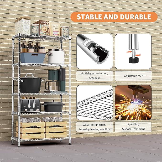MZG 1750 lbs 5 Tier Storage Rack Metal Wire Shelving Unit, Storage Standing Household Shelf Organizer for Kitchen Pantry Closet Garage Basement Utility Room, Chrome 15.7" D x 45.3" W x 70.4" H - ModernBath
