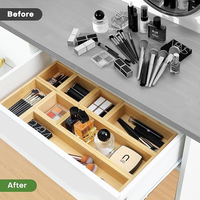 Bamboo Drawer Organizer Set, 9 PCS Multi-Use Individual Wood Storage Organizers, Junk Drawer Divider and Storage Trays Containers for Kitchen, Bathroom, Office Desk, Makeup, Jewelry, Utensils - ModernBath